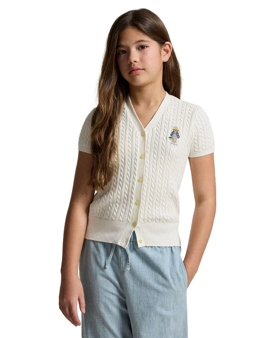 Кардиган Polo Bear с V-образным вырезом и косами для девочек 7-16 лет Polo Ralph Lauren, deckwash белый