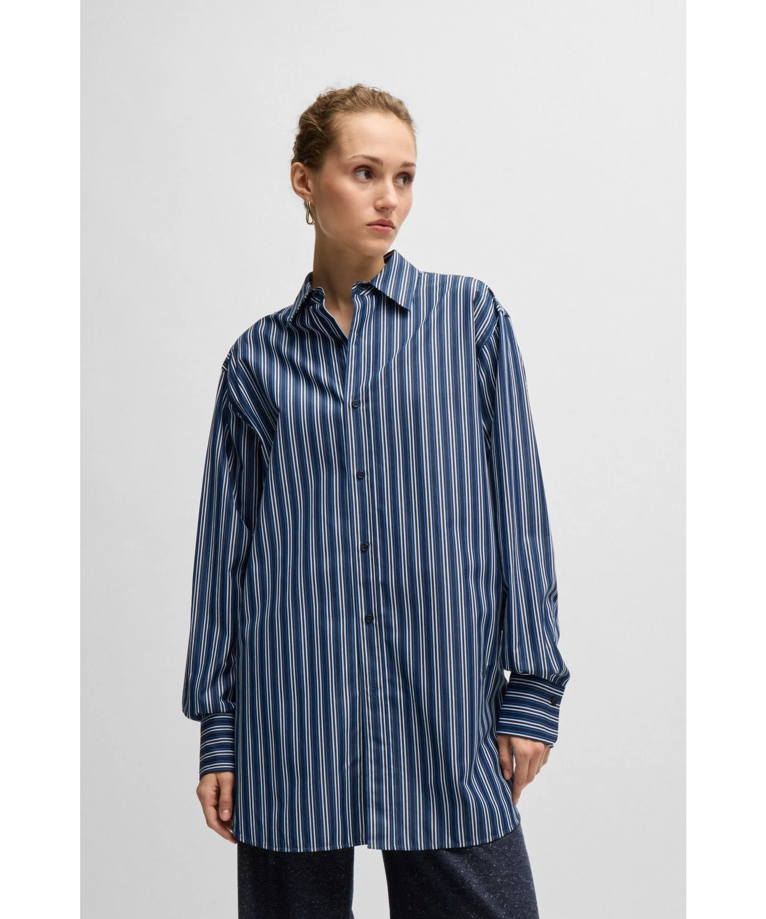Женская блузка slim fit с монограммой Double B, полосатая, Boss, голубая