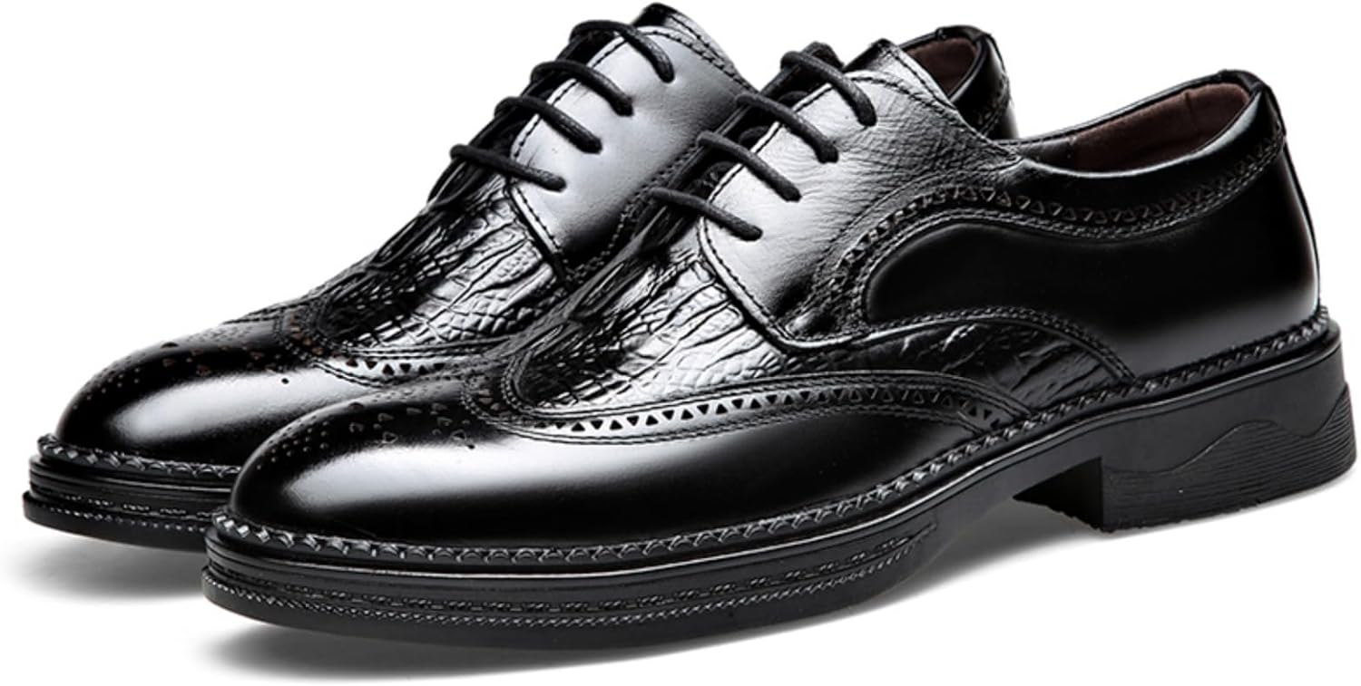 Мужские кожаные туфли Oxfords с крокодиловым узором, шнуровкой, низким верхом, броги с крылообразным носком Yrzhgdl, черный — фото 3