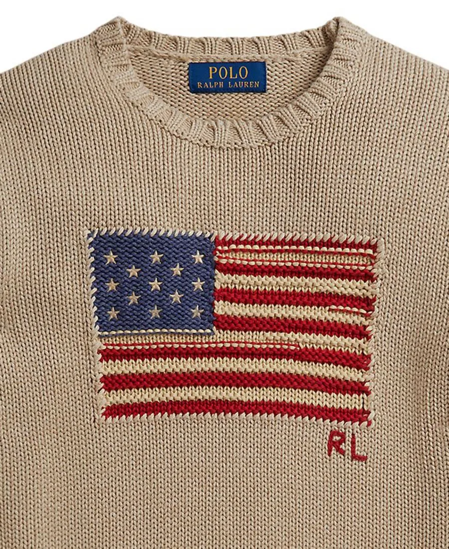 Детский свитер с контрастной отделкой и изображением флага (8-20 лет) Polo Ralph Lauren, бежевый — фото 3