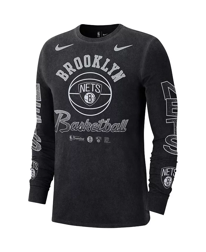 Мужская черная футболка с длинным рукавом Brooklyn Nets Courtside Retro Elevated в стиле distressed Nike — фото 3