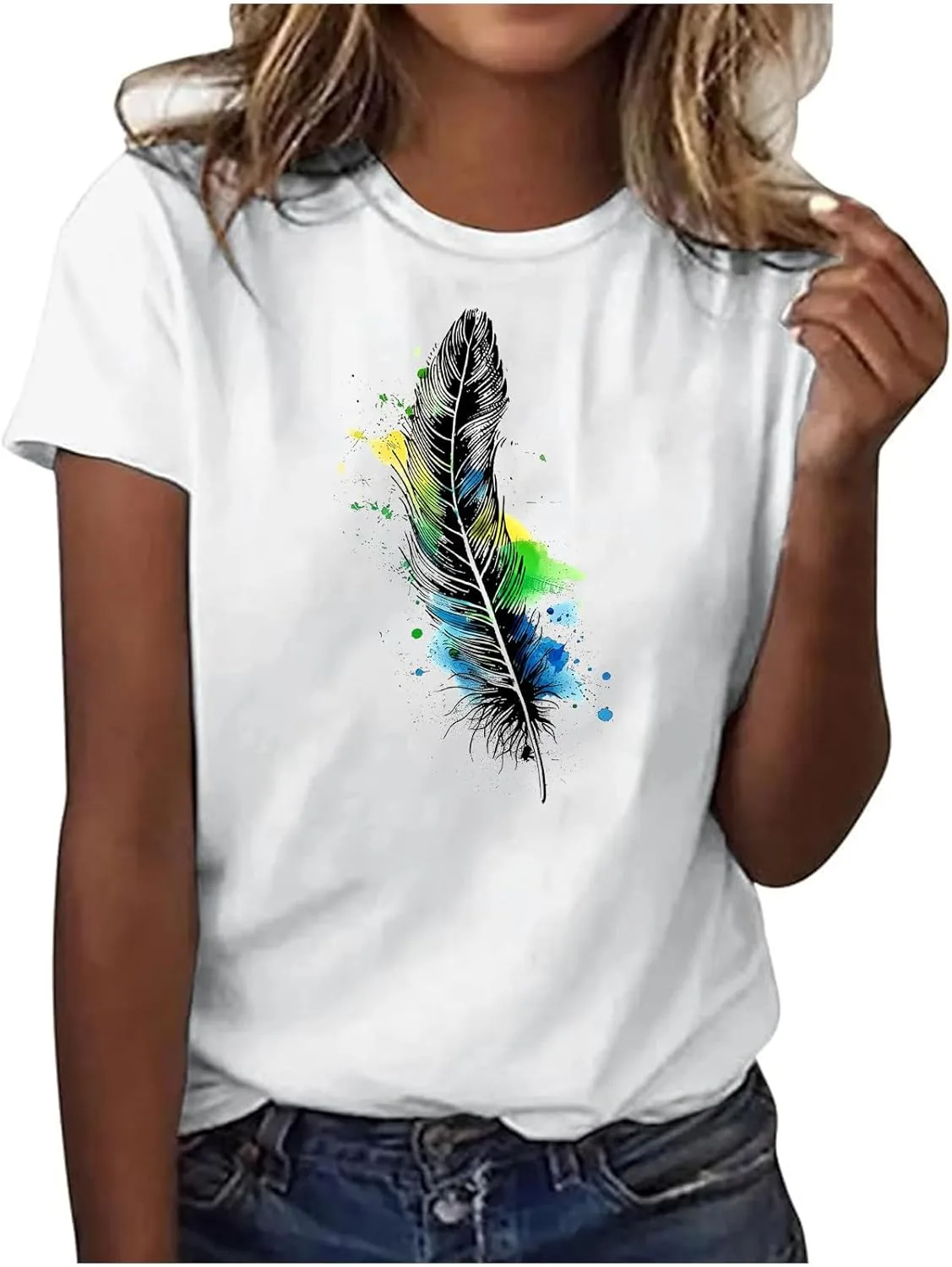 Футболка с принтом Feather для женщин, Casual, короткий рукав, свободный крой