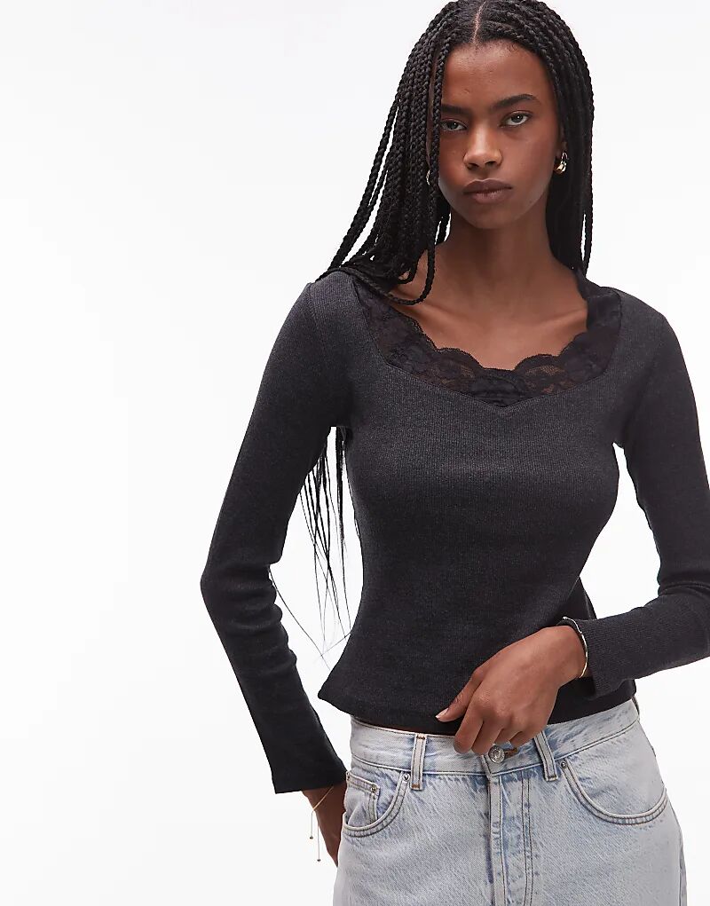 

Лонгслив ASOS DESIGN с длинными рукавами и отделкой из кружева в рубчик, антрацитовый цвет