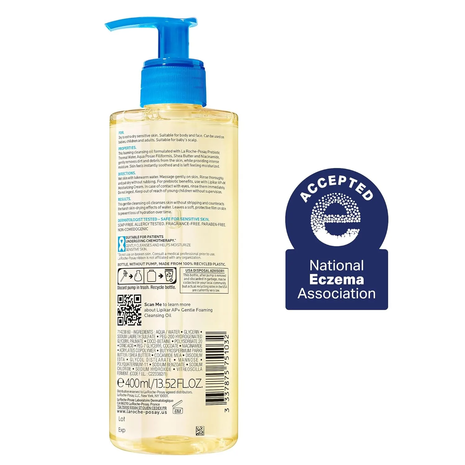 Гидрофильное масло La Roche-Posay — Lipikar AP+ Gentle Foaming Cleansing Oil, нежное очищающее и тела с ниацинамидом, 400 мл — фото 2