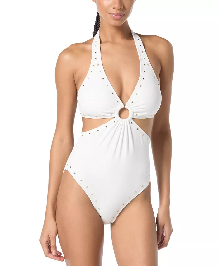 

Женский цельнокроеный купальник Crepe Ring Halter с вырезами Michael Kors, белый