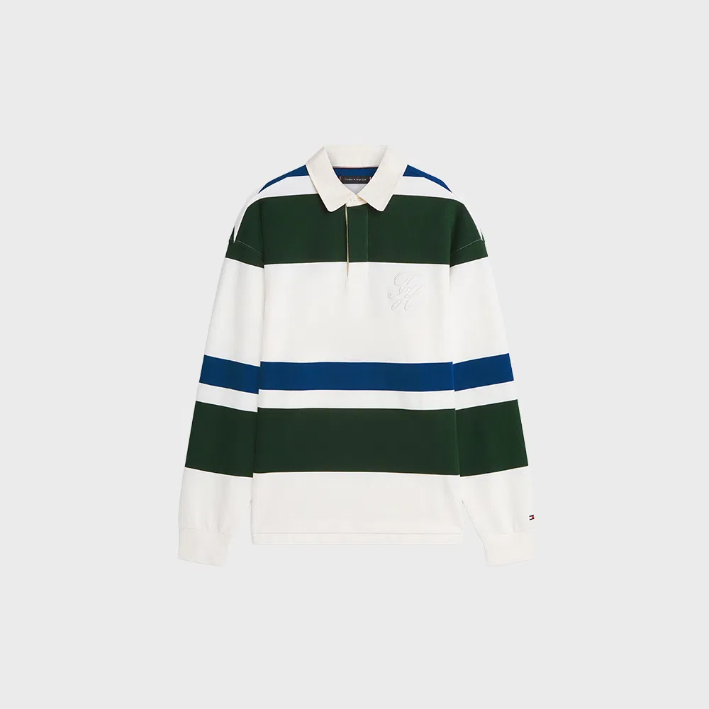 Мужская полосатая футболка регби свободного кроя цвета хаки от Tommy Hilfiger