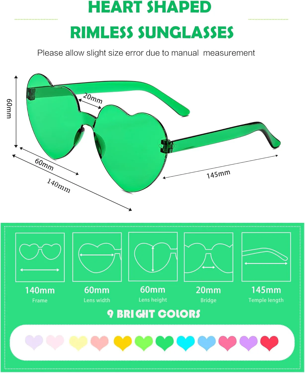 

14/16/18 пар солнцезащитных очков в форме сердца, конфетные цвета, без оправы, забавные очки в форме сердца для женщин, сувениры для вечеринок LYMOJOR, 18 Pack Green