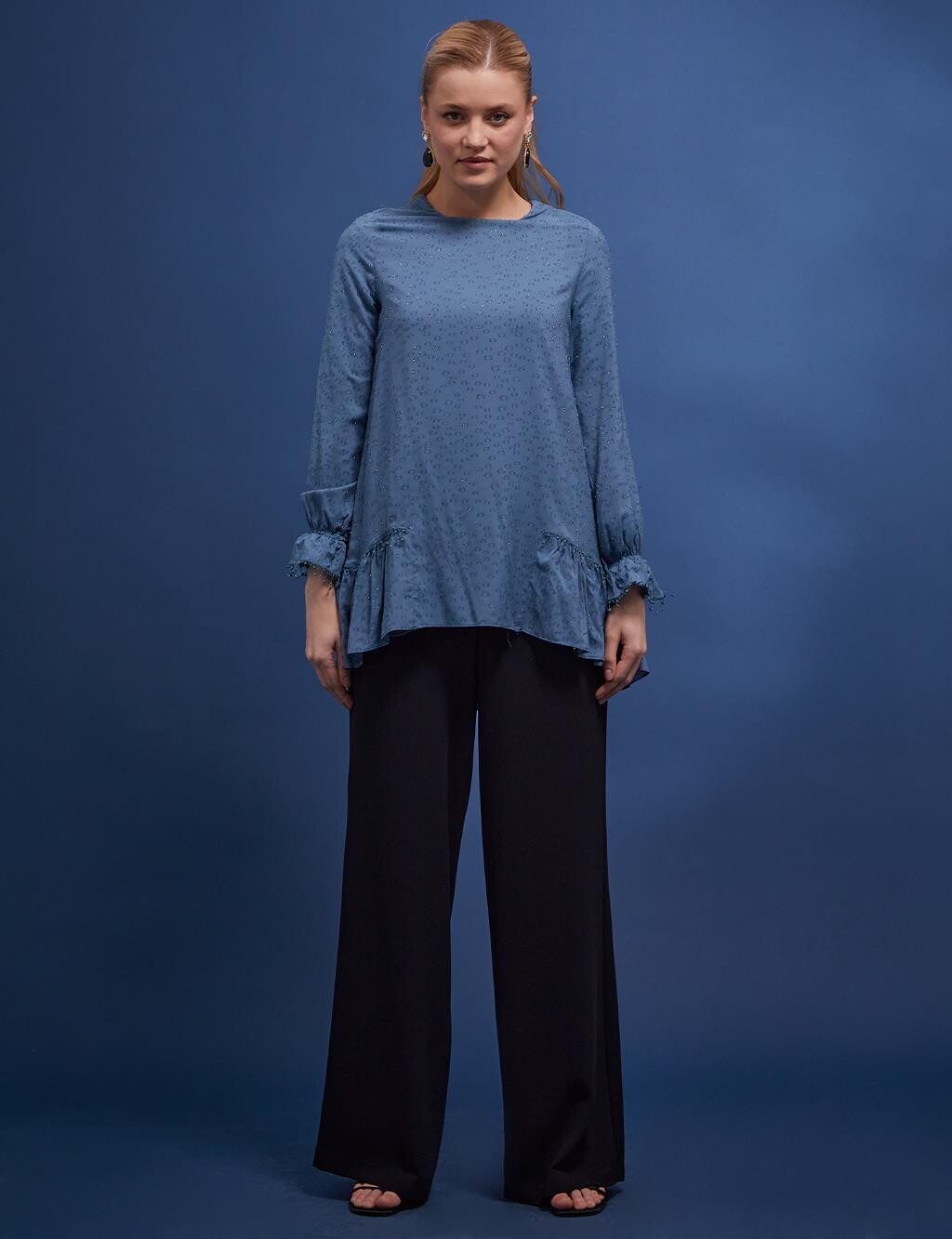 

KYR Юбка с кружевной отделкой Блузка с воланами Темно-бирюзовая KYR