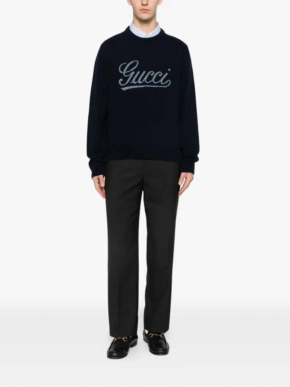 Свитер Gucci с логотипом, круглый вырез, длинные рукава, синий — фото 2