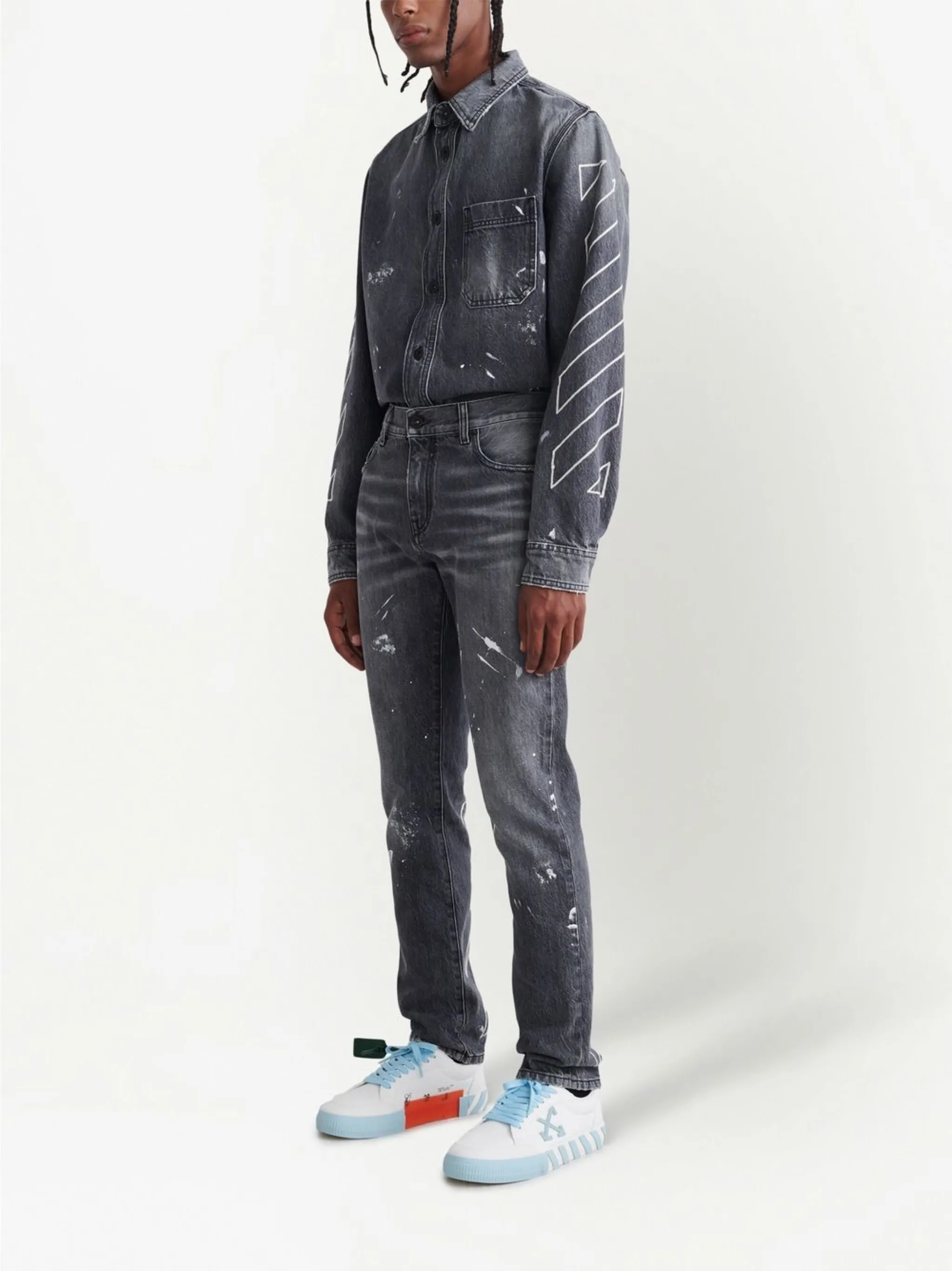 Джинсы с эффектом потертости и полосками Diag Off-White, серый — фото 3