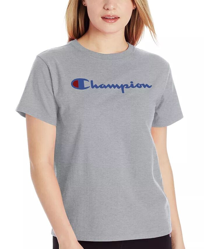 

Женская хлопковая классическая футболка с круглым вырезом и логотипом Champion, серый