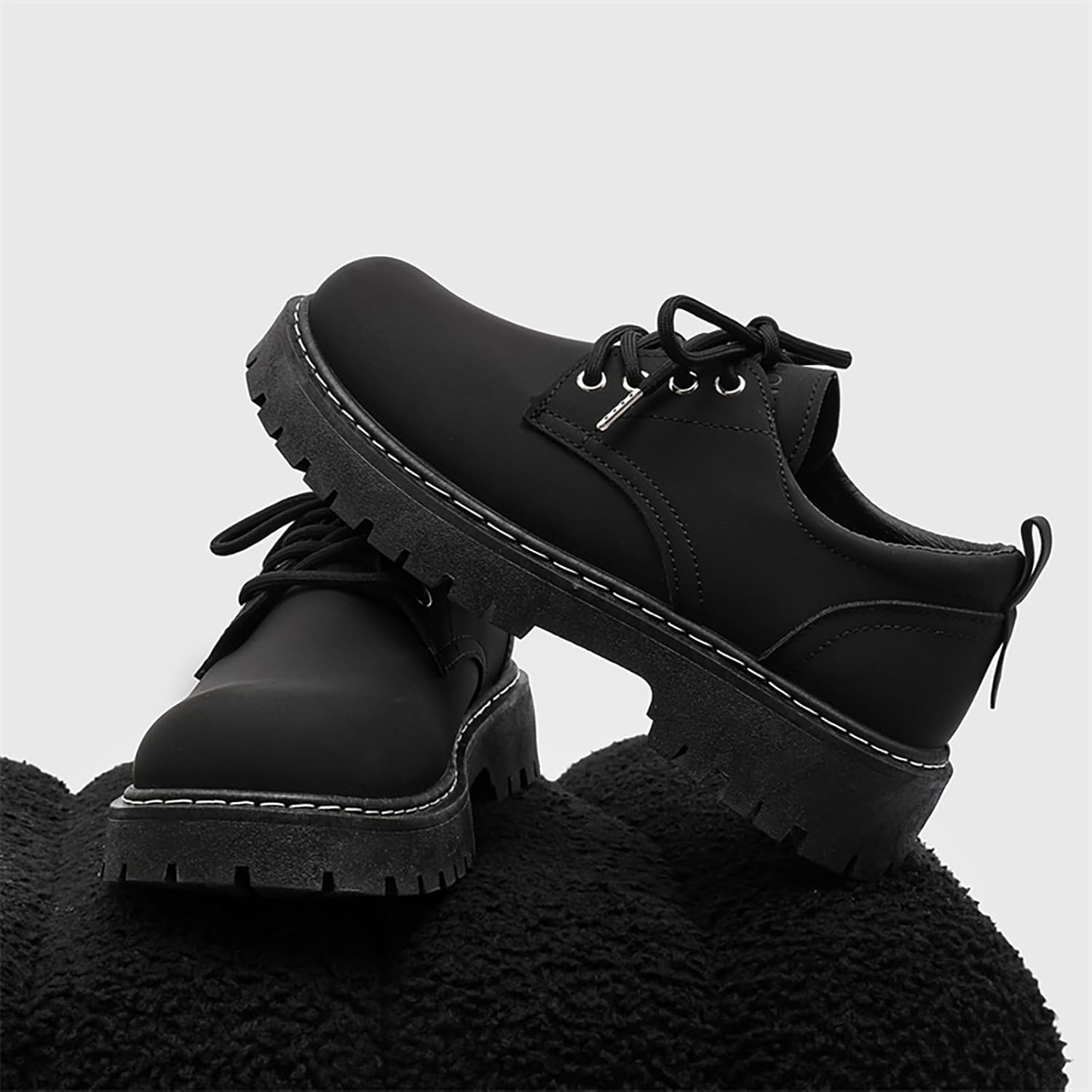 Мужские черные кожаные туфли с платформой Oxfords, классический круглый носок, шнуровка, массивный каблук, удобные, с противоскользящей подошвой, дерби Ryvz Tynx — фото 4