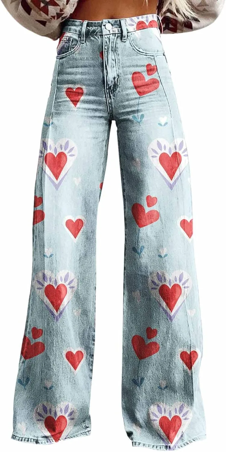

Джинсы женские Wide Leg Flare Plus Size Stretchy High Waisted Distressed Valentines Heart
