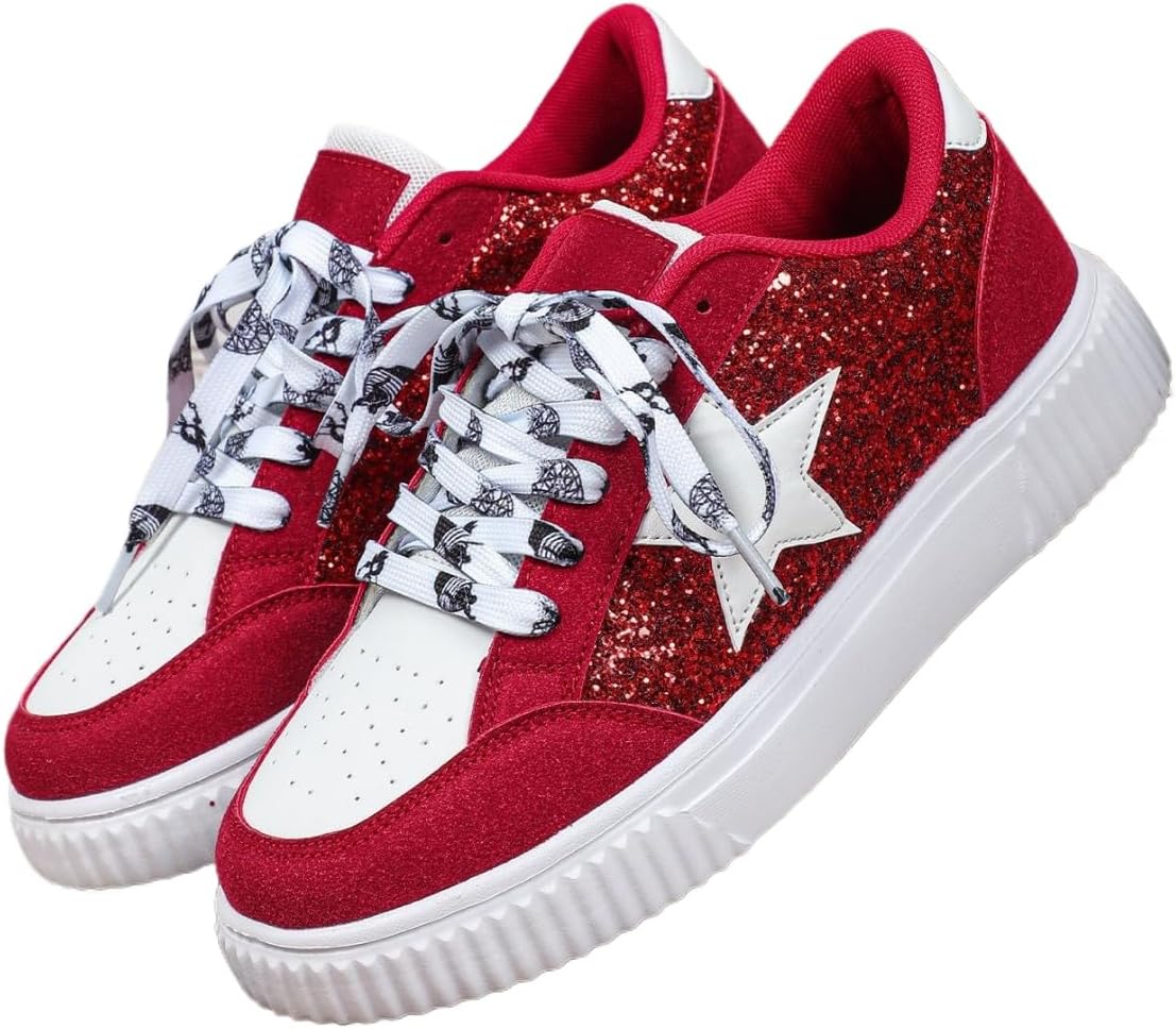 

Кроссовки из ПУ-кожи Y2K с звездной нашивкой, дышащие, низкие, для скейтборда, для мужчин, повседневная уличная одежда для школы, работы или свиданий, с блестками и деталями в виде пентаграммы Ctkvbmeoi, красный