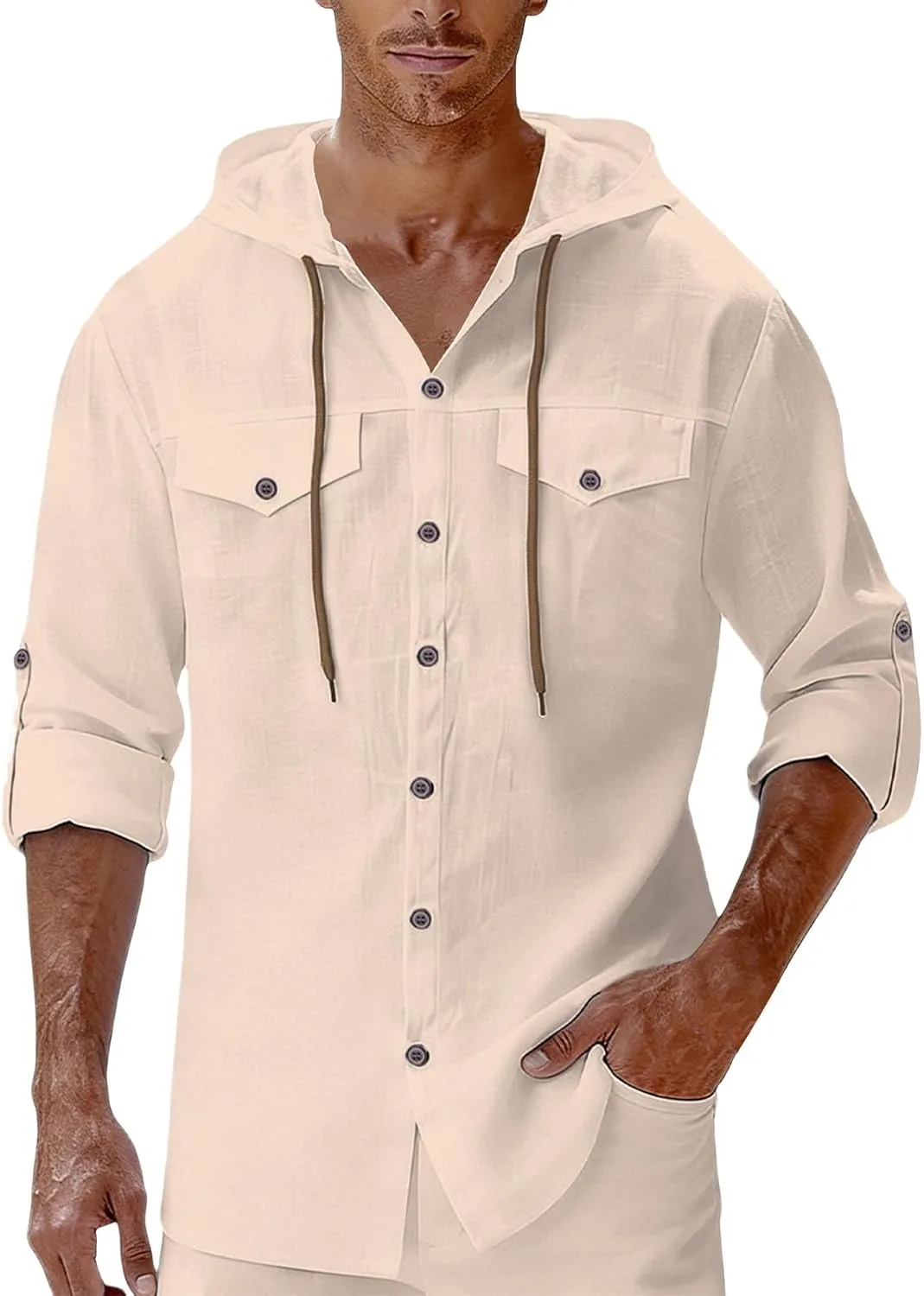 Льняная рубашка с капюшоном для мужчин, Long Sleeve, летняя — фото 3