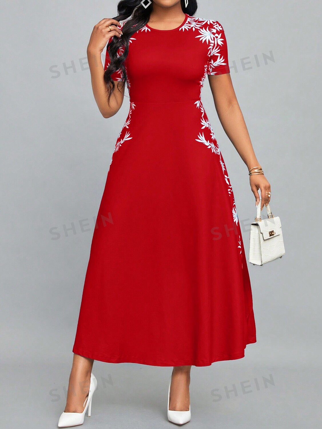 

Платье Shein Lady с круглым вырезом и короткими рукавами, красный / белый