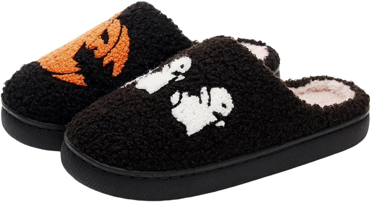 

Женские флисовые тапочки на Хэллоуин с милыми мультяшными принтами, уютные пушистые тапочки, противоскользящие и мягкие Generic, черный