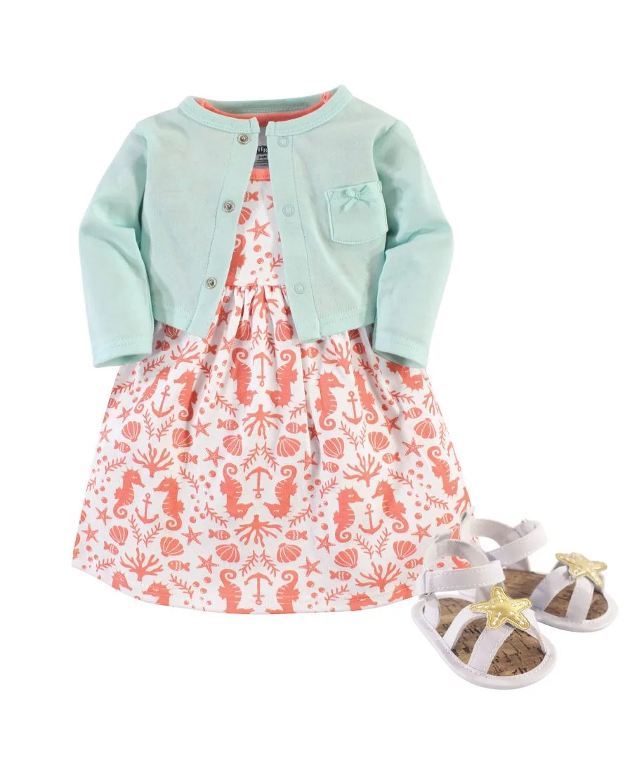 Хлопковый комплект: платье, кардиган и обувь Hudson Baby, Sea