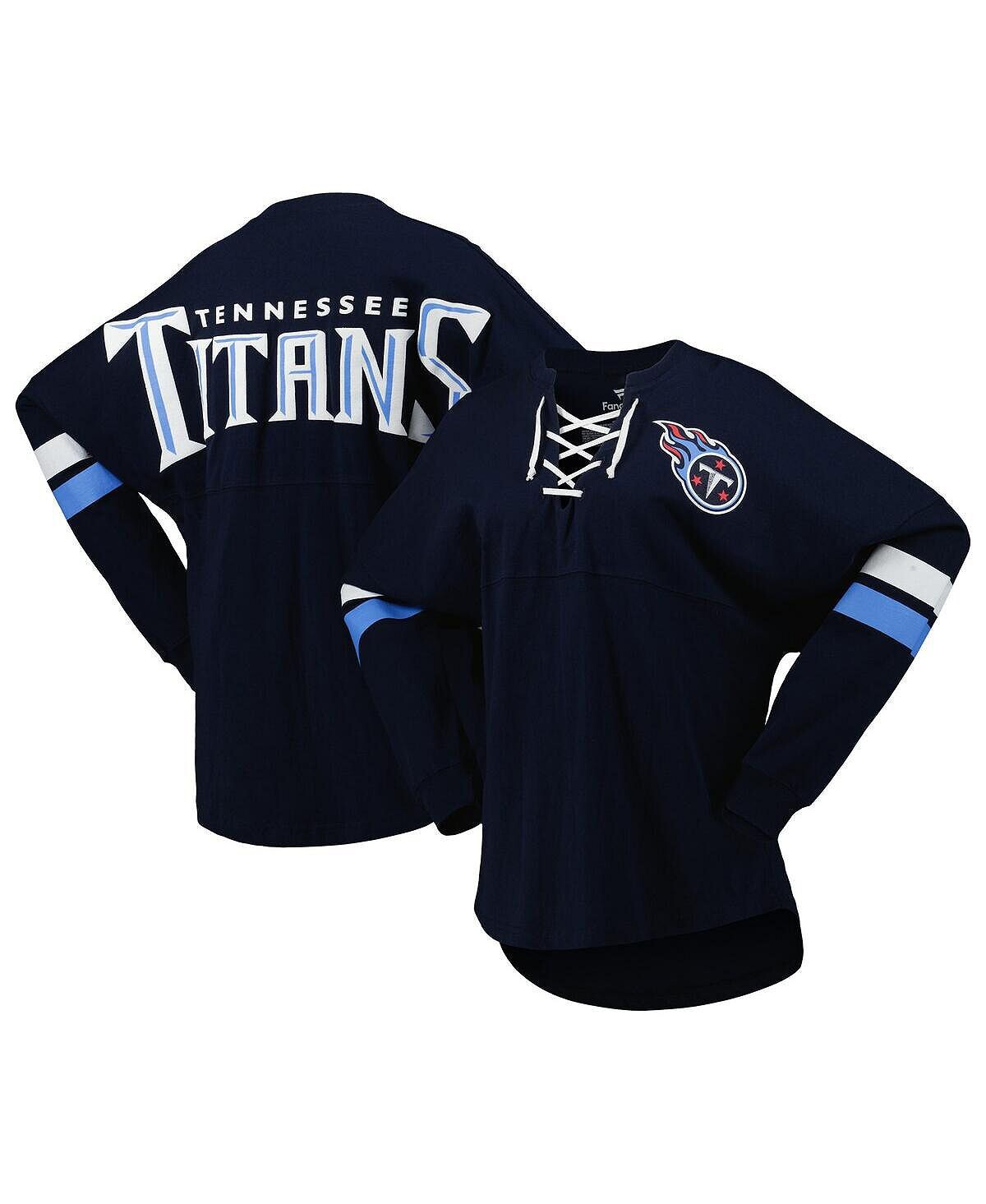 

Женская фирменная темно-синяя футболка из джерси Tennessee Titans Spirit на шнуровке с v-образным вырезом и длинными рукавами Fanatics, темно-синий