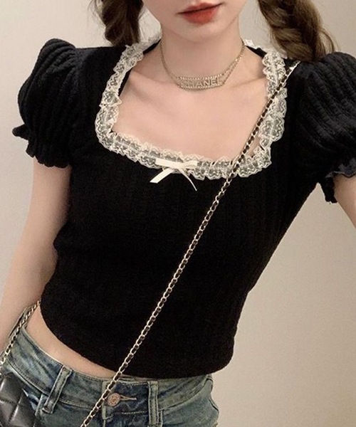 

Топ с квадратным вырезом и пышными рукавами, отделанный кружевом и лентой сзади Lace Ladies, черный