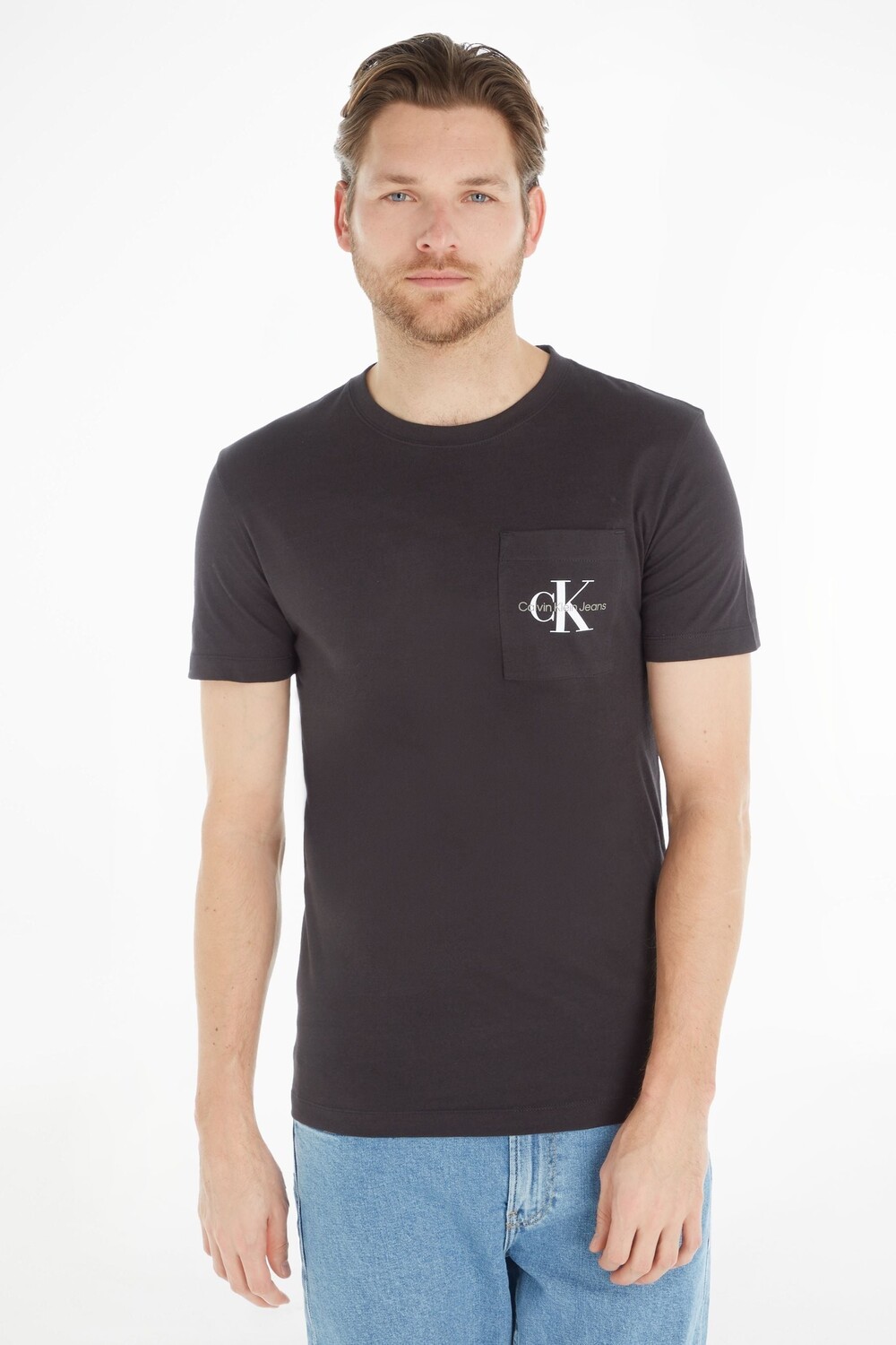 

Приталенная джинсовая футболка с логотипом и карманом Calvin Klein, черный