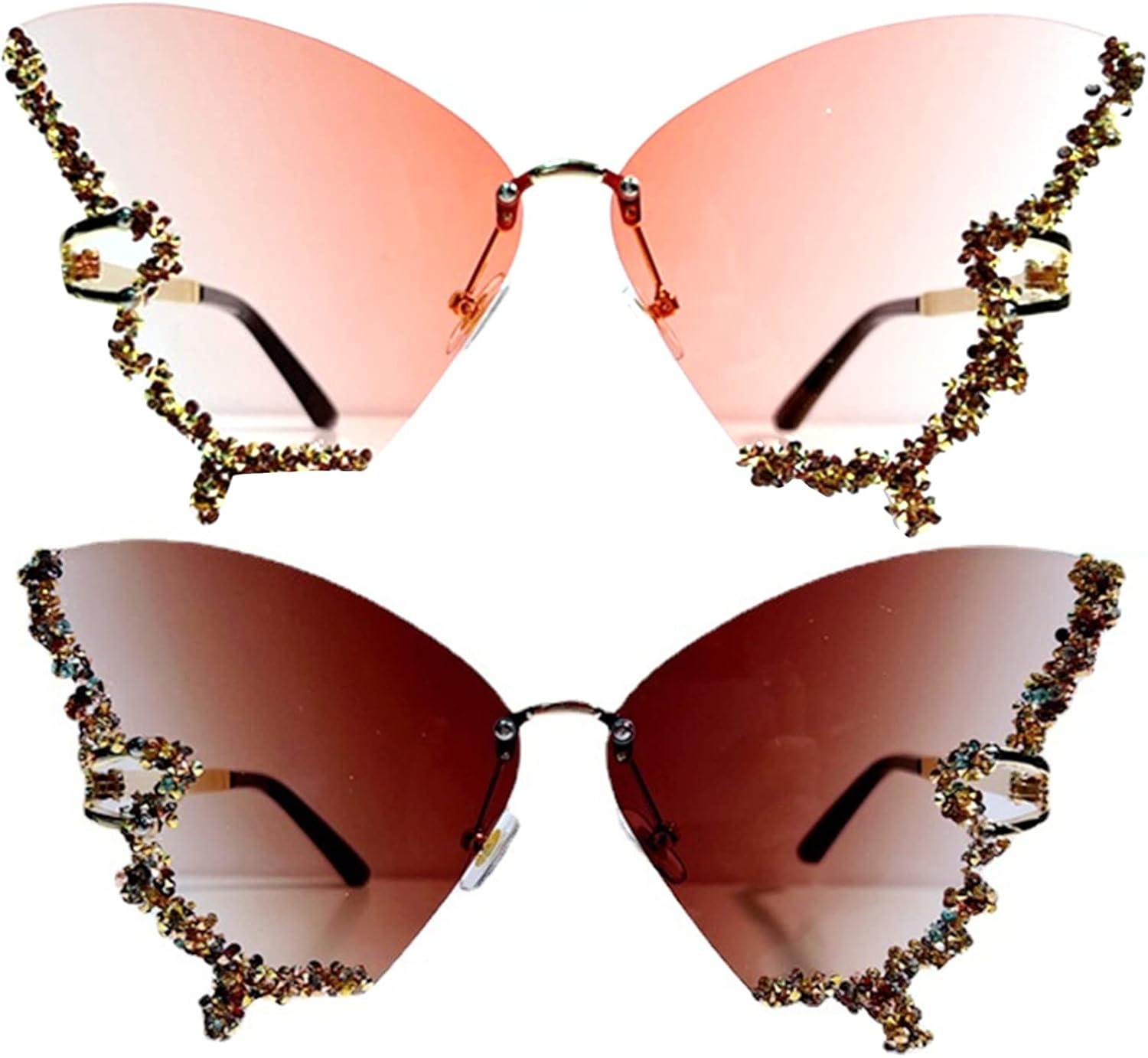 

Солнцезащитные очки Willochra без оправы с драгоценными камнями, женские солнцезащитные очки большого размера с бриллиантами в форме бабочки, розовые солнцезащитные очки со стразами для женщин, 2pcs-brown&pink