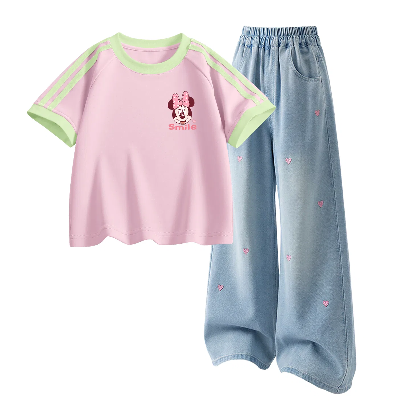 Детская повседневная спортивная футболка с круглым вырезом Disney, Di Smiling Nude Mousse Pink+Solid Color Denim Light Blue
