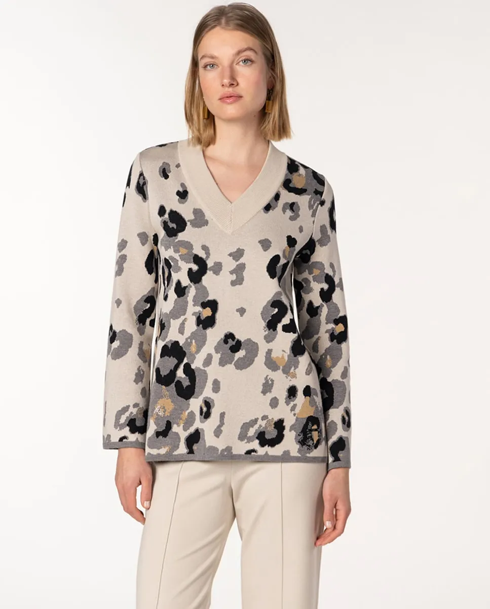 

Женский жаккардовый свитер с животным принтом и V-образным вырезом Naulover, светло-серый