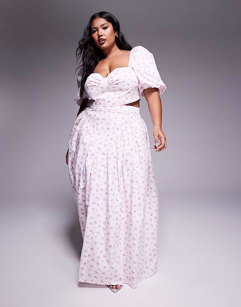 

Юбка макси из хлопкового сатина Curve с мелким цветочным принтом и бантом сзади Asos Luxe
