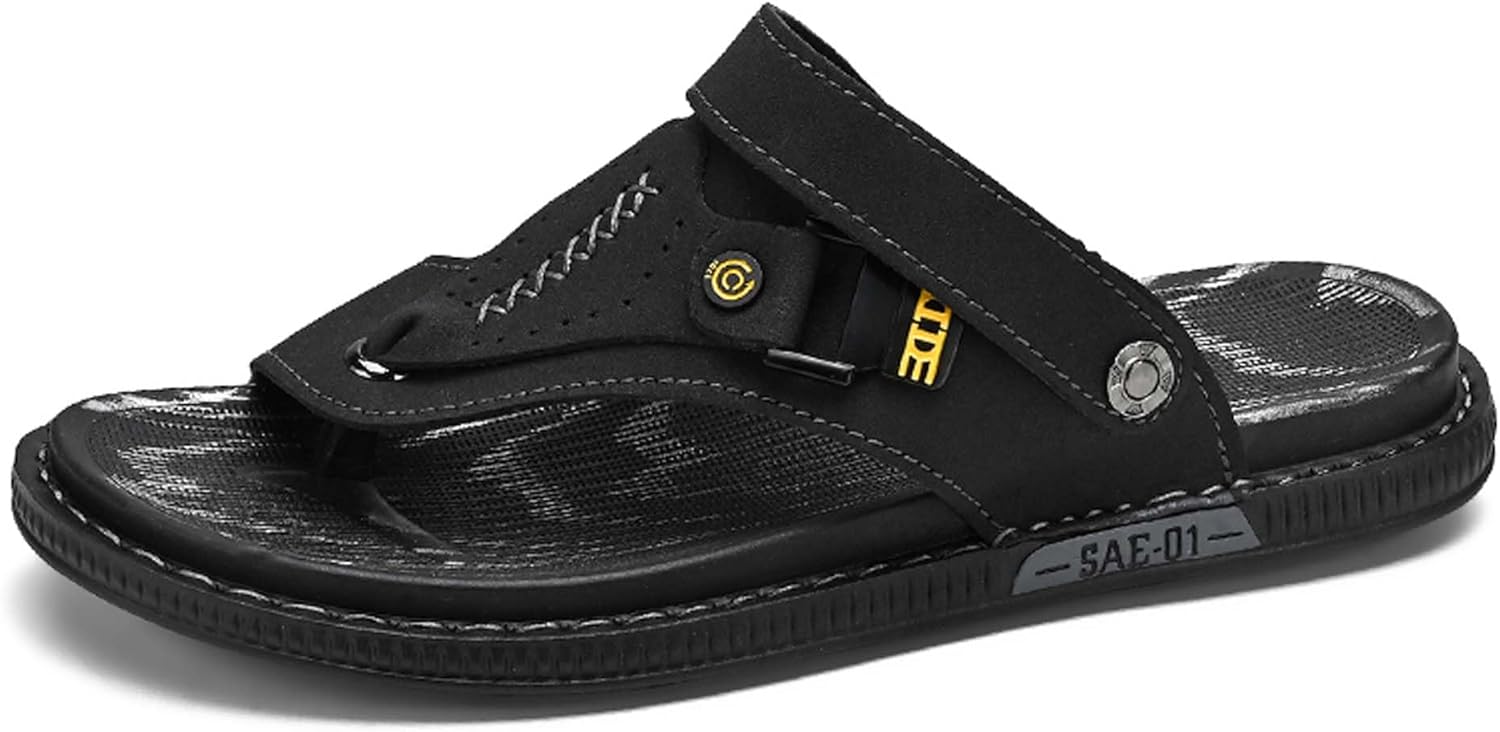 

Мужские шлепанцы с верхом из кожи, тапочки или сандалии, двустороннее ношение, противоскользящая подошва из резины, текстурированные, ручная работа Generic, черный