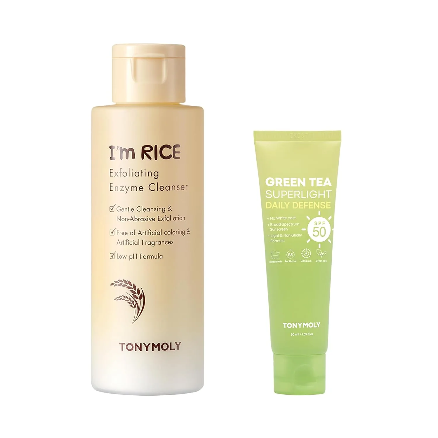 Набор TONYMOLY, включающий солнцезащитный крем с зеленым чаем SPF 50 и отшелушивающий скраб для лица I'm Rice, 50 мл и 50 г., Green