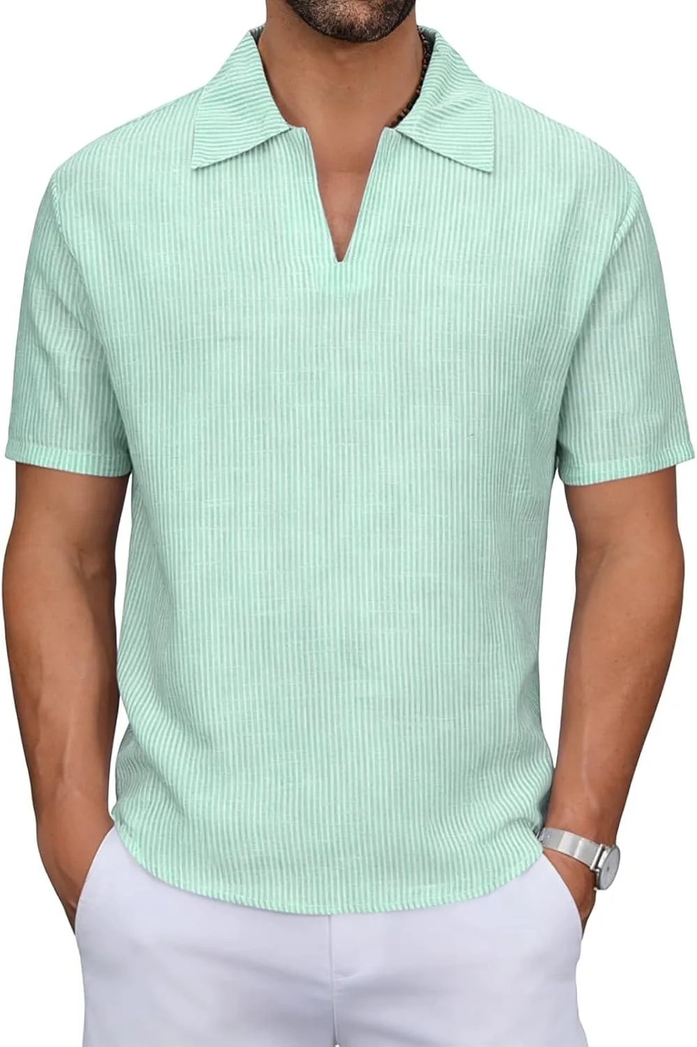 

Мужская футболка с v-образным вырезом в полоску из мягкого льна