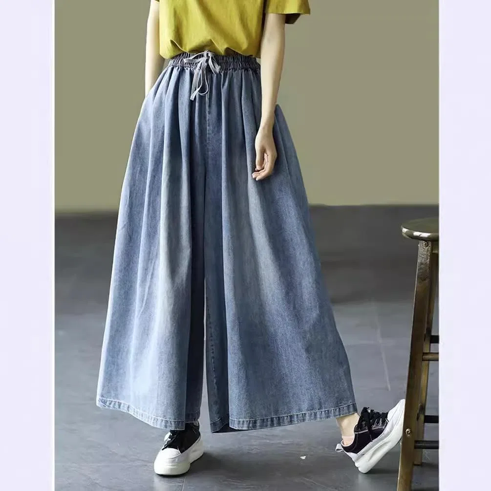 Джинсы широкие Womens Extra Wide Leg Denim Pants Baggy High Waisted Jeans Elastic Waist Plus Size Loose Casual, синие — фото 2