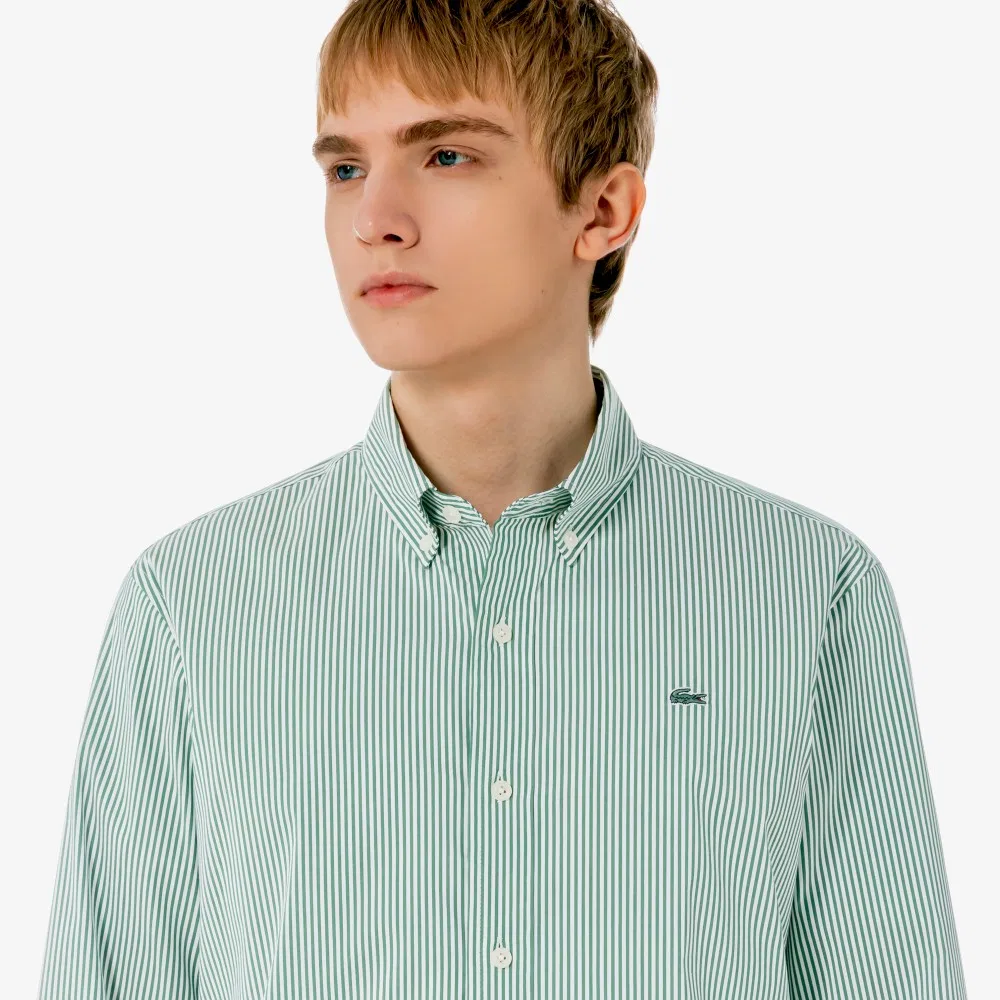 Мужская рубашка в полоску из поплина и джерси тёмно-зелёная от Lacoste — фото 2