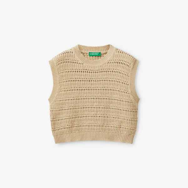 

Открытый трикотажный жилет с круглым вырезом из хлопковой смеси 6-14 лет Benetton, экрю