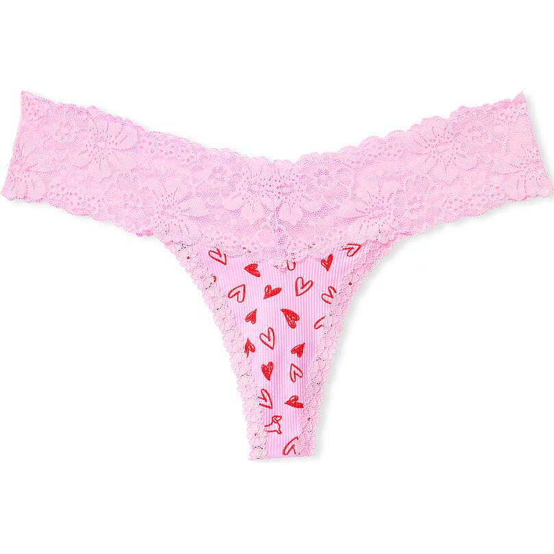 

Victoria's Secret Трусики-стринги PINK WINK с кружевной отделкой / Розовые женские стринги с принтом в виде сердечек, 1 упаковка, розовые