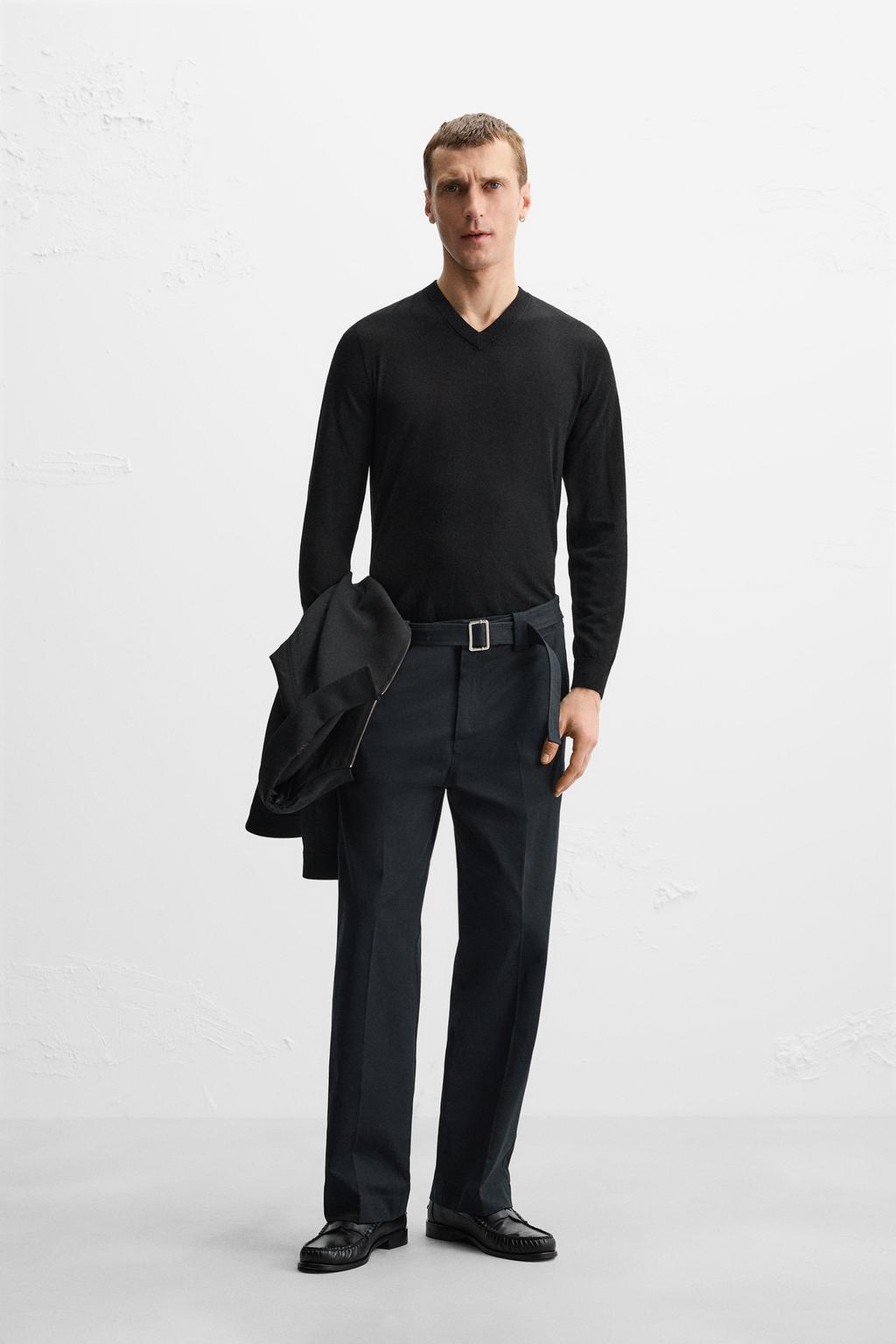 

Брюки прямого кроя с поясом ZARA, темно-синий