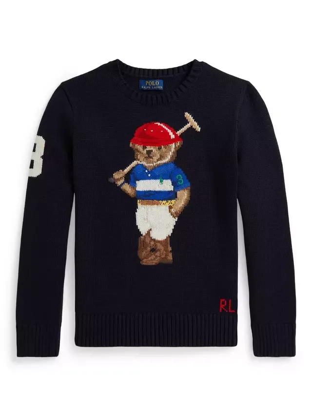 Детский хлопковый джемпер с круглым вырезом и логотипом медведя Ralph Lauren