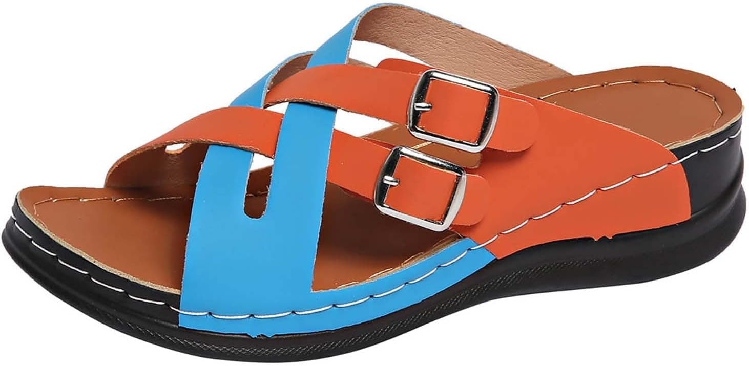 

Ортопедические сандалии для женщин летние, удобные, с открытым носком, перекрещивающимися регулируемыми ремешками, на танкетке, для прогулок, повседневные слипоны, легкие нарядные с низким каблуком, с поддержкой свода стопы Kajxz, синий