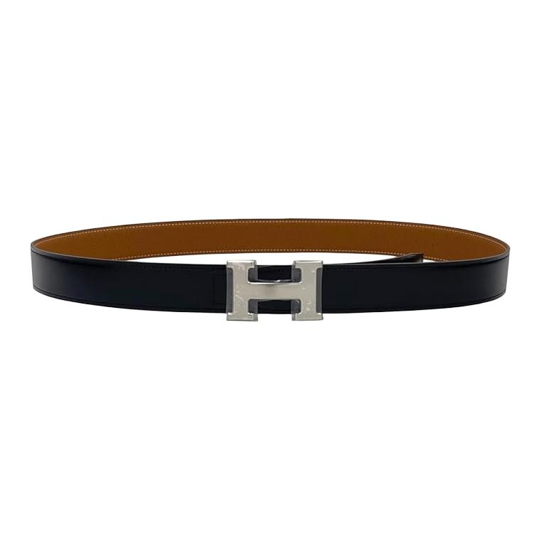 

Hermes Мужской кожаный ремень из телячьей кожи с логотипом бренда, черный, ширина 3,2 см