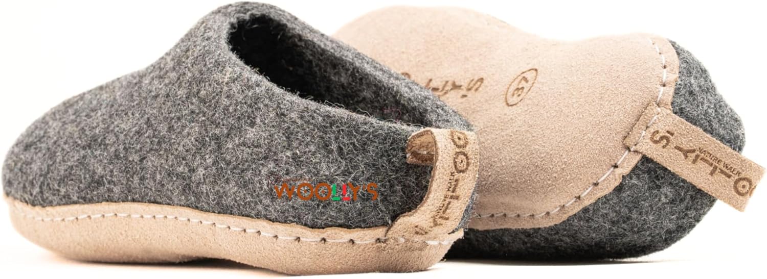 Домашние тапочки с открытой пяткой Woolly и кожаной подошвой, Премиальная новозеландская шерсть, Ручная работа с итальянским дизайном, Мягкие, дышащие и не имеющие запаха Woolly'S, серый/угольный — фото 4
