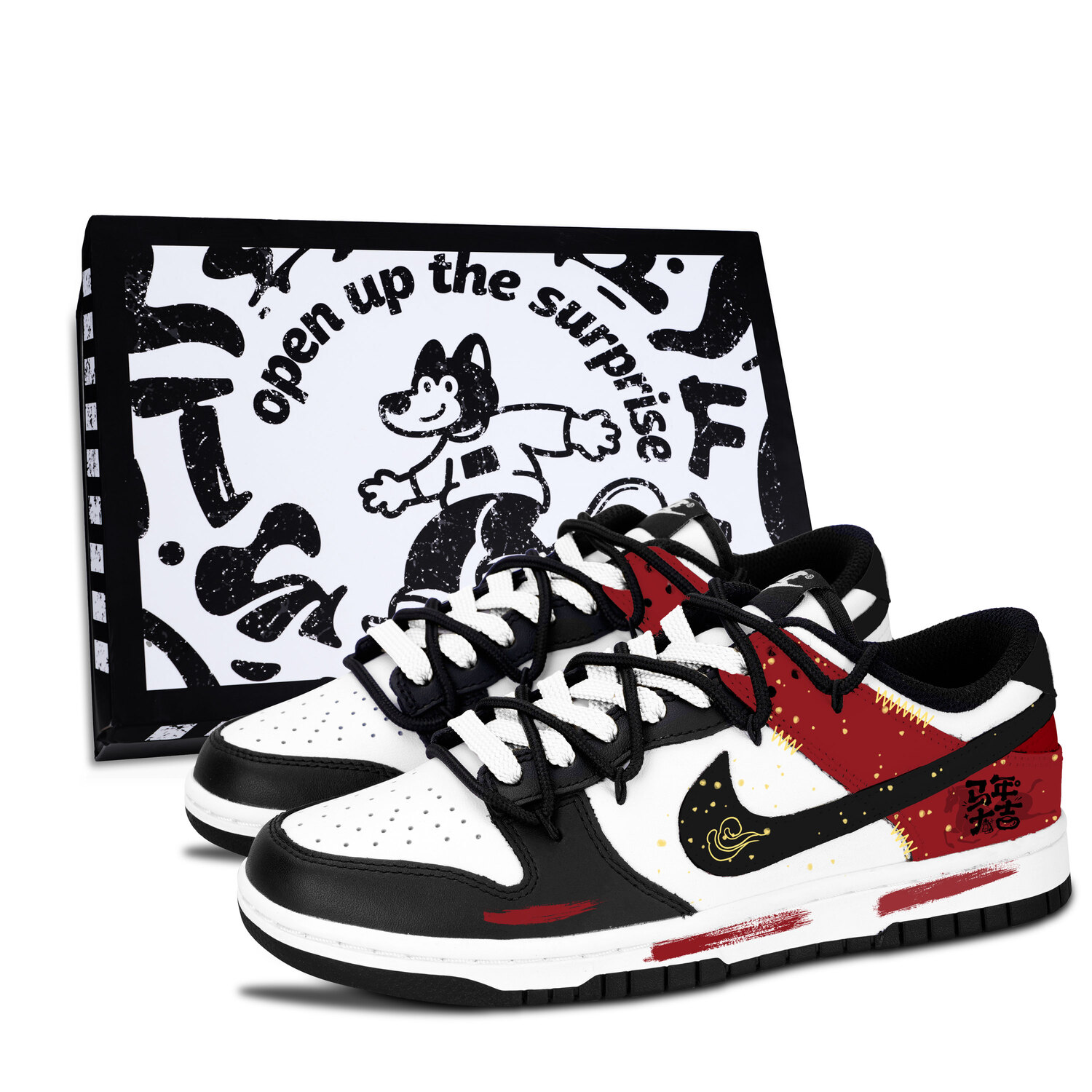 

Nike Кроссовки для скейтбординга Dunk Black White, Red Gold с элегантным узором, износостойкие, низкие, унисекс