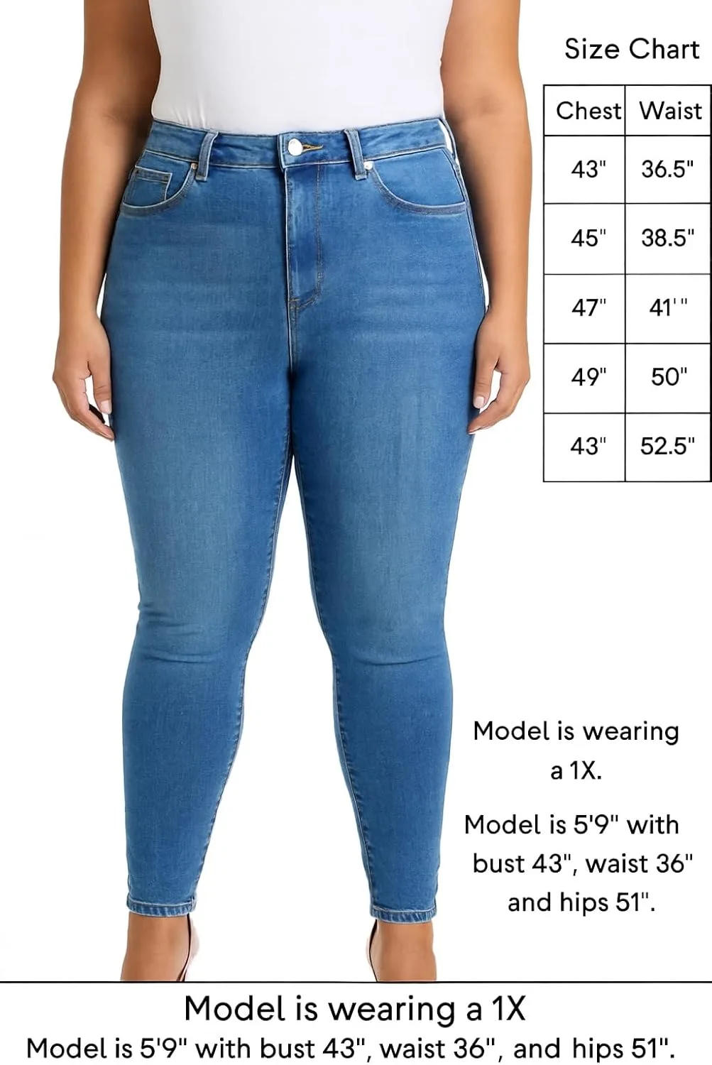 Женские джинсы скинни на высокой талии Blue Wash, Stretch Denim, Plus Size — фото 3
