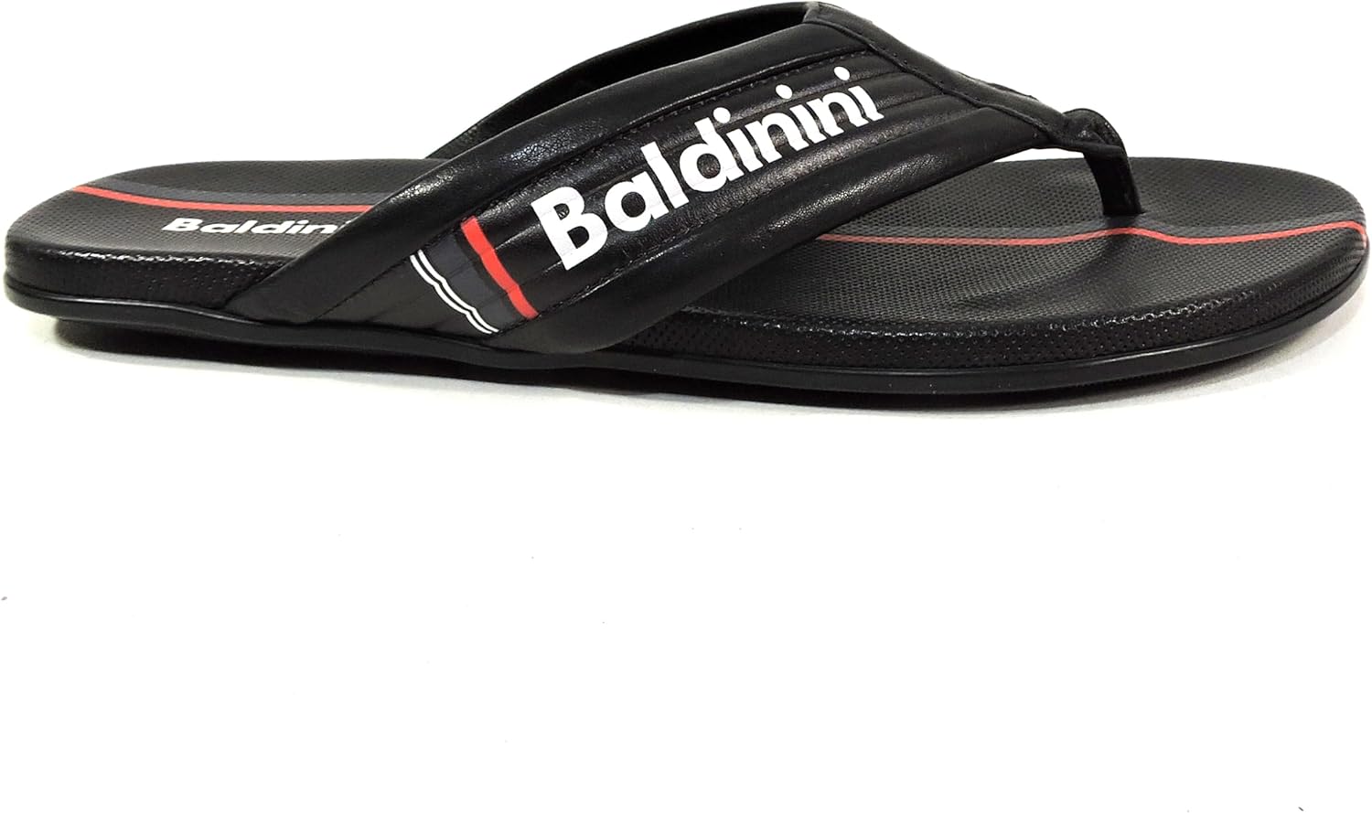 Мужские кожаные сандалии Baldinini, черные с красной полоской, сделано в Италии, комфортная плоская подошва — фото 4