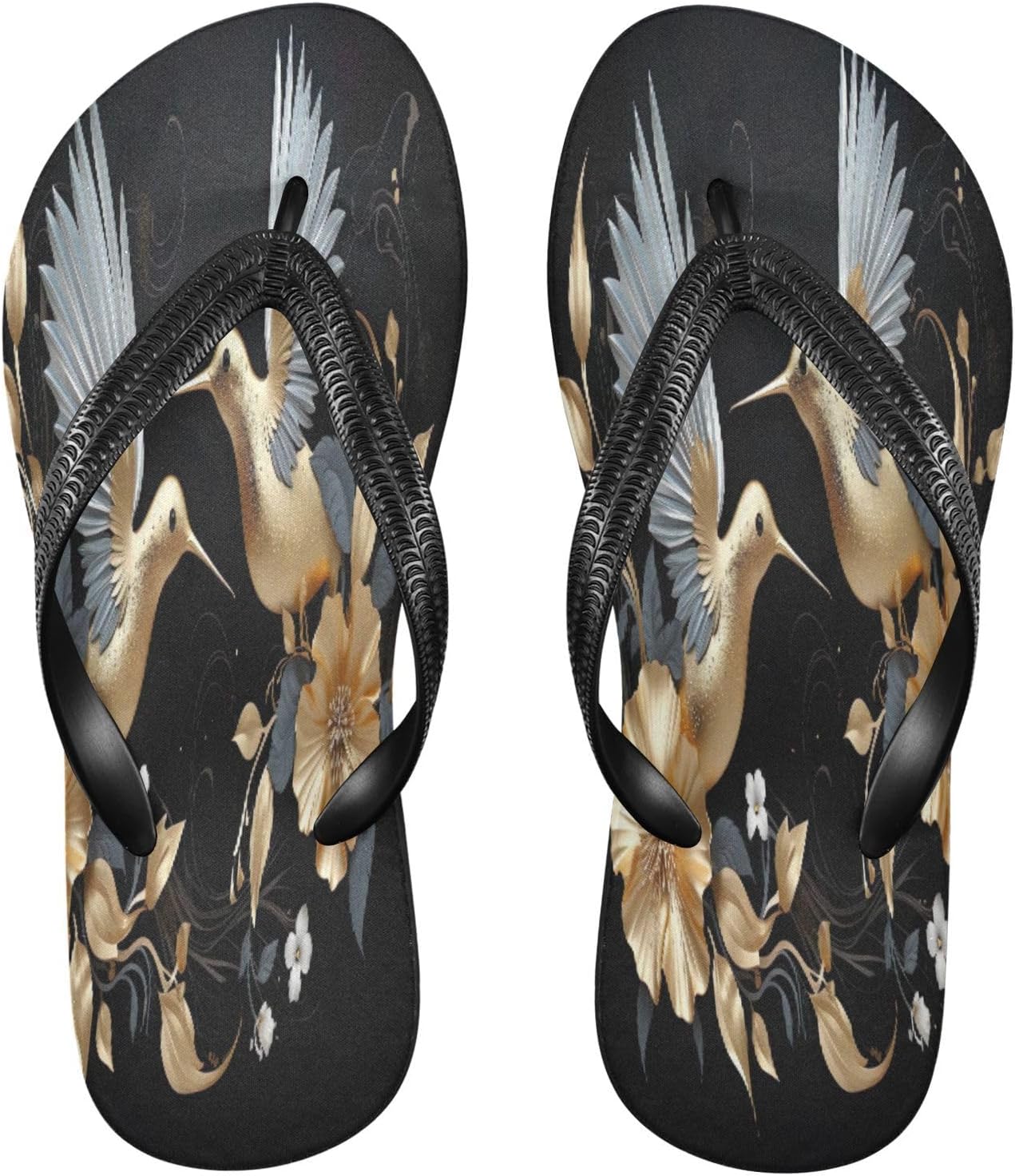 

Вьетнамки с черными цветами колибри, пляжные шлепанцы, резиновые нескользящие летние тапочки для ходьбы для мужчин и женщин Sinestour
