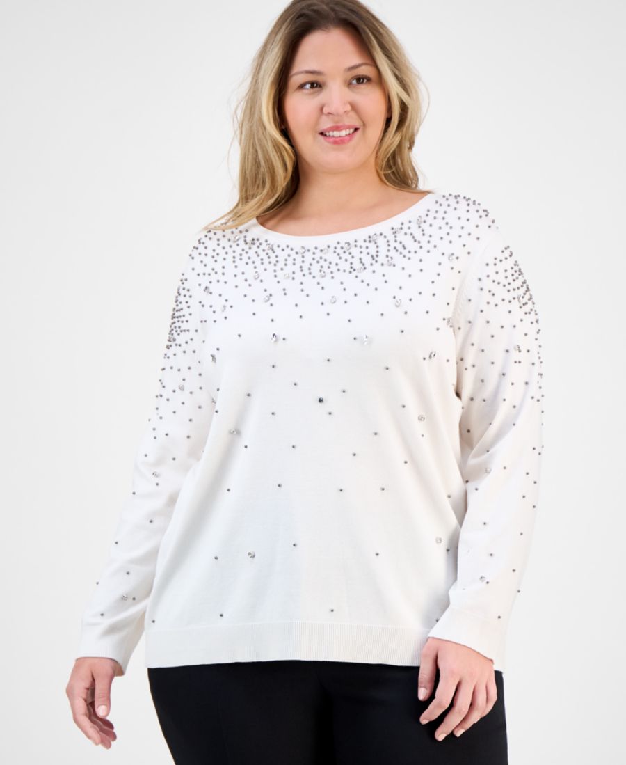 

Свитер большого размера с длинными рукавами и вырезом-лодочкой, украшенный стразами, с декором Anne Klein, White Dove