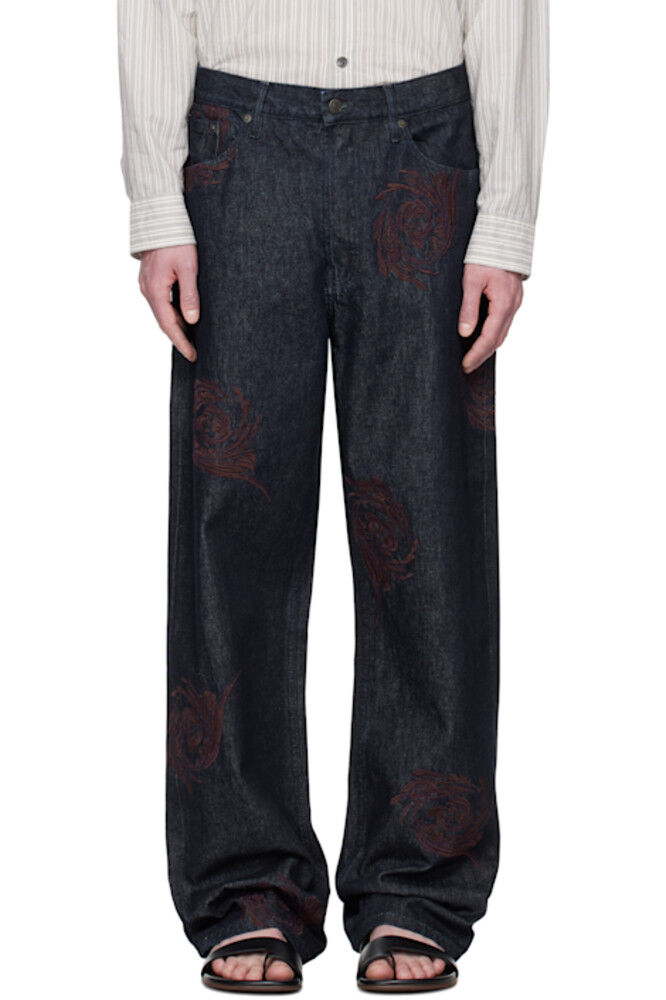 

Джинсы темно-синего цвета с вышитым узором Dries Van Noten