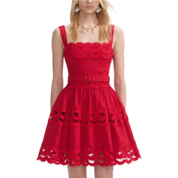 

Мини-платье с кружевными вставками и поясом Self-portrait, красный