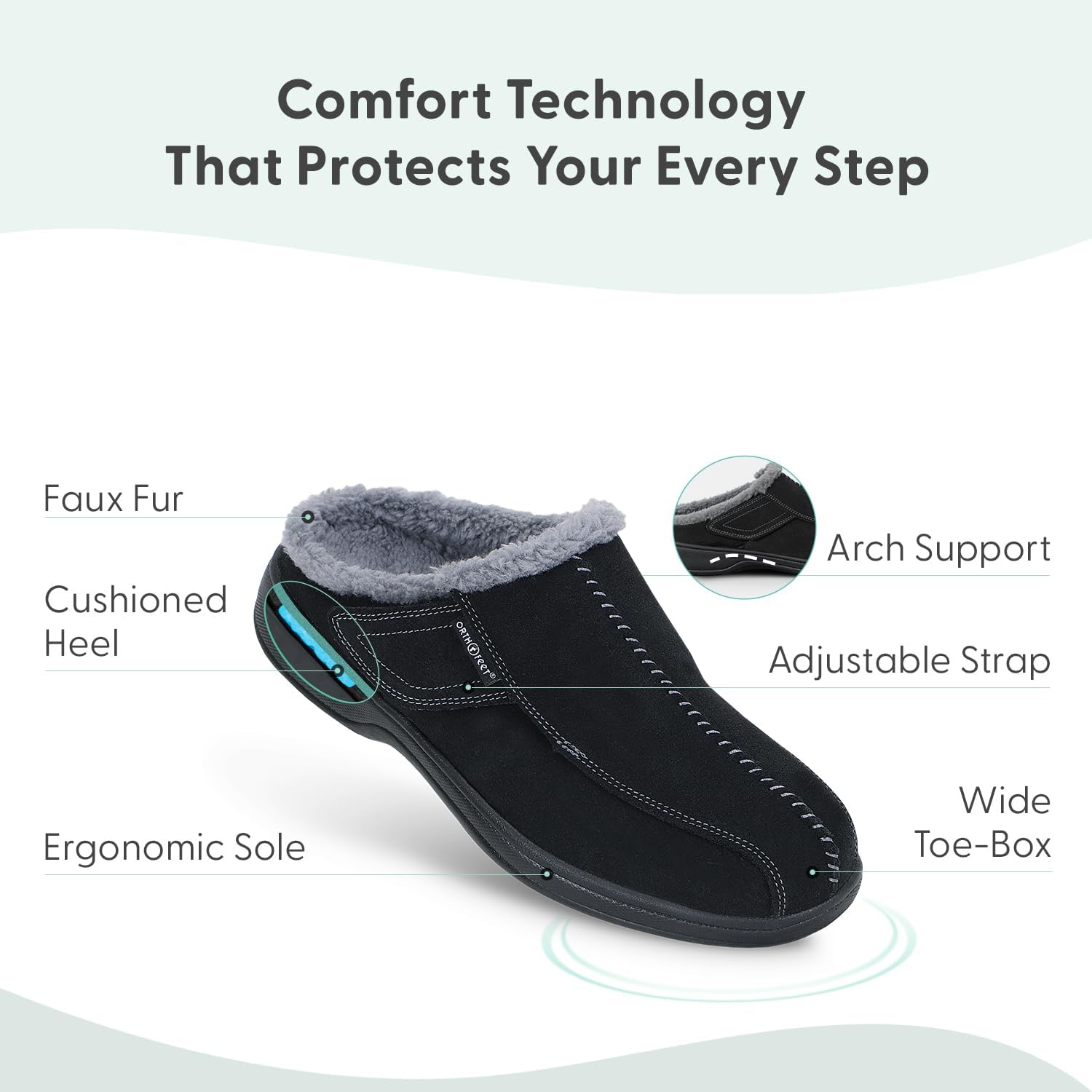 Мужские ортопедические сабо-тапочки Orthofeet с поддержкой свода стопы Asheville, черный — фото 3