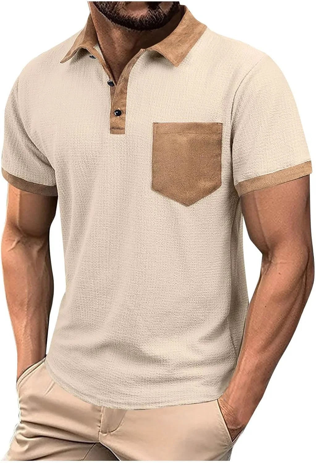 Футболка свободного кроя с воротником-стойкой и сетчатыми вставками, Generic, W-344 Khaki — фото 2
